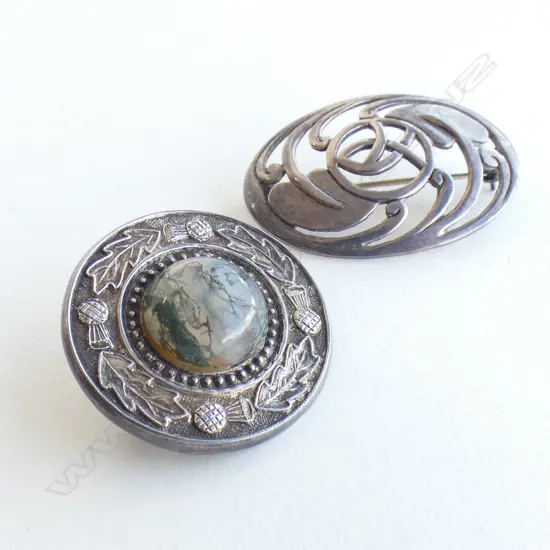 2 SILVER BROOCHES. 1 SCOTTISH W MOSS AGATE. 1 NZ ?
