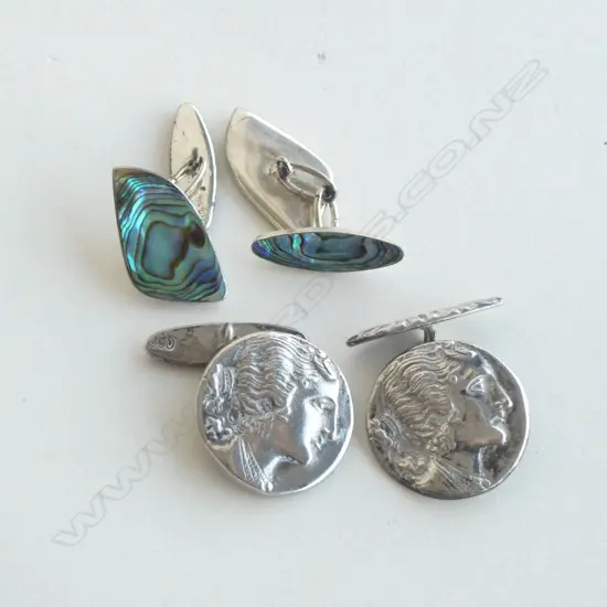 2 PRS CUFFLINKS; 800 SILVER w. CLASSICAL PORTRAIT 23mm dia + STG & PAUA 19.8 GRAMS