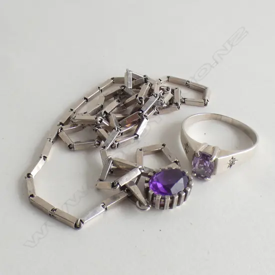 SILVER AMETHYST RING AND SILVER NECKLACE