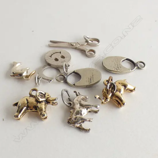 7 STG SILVER CHARMS INCL LOCKETS W PAUA + SCISSORS ETC. + 2 GOLD TONE ELEPHANT CHARMS