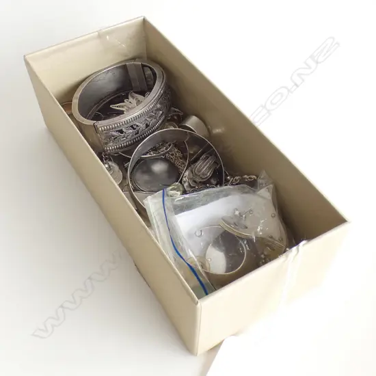 BOX LOT ASSORTED SILVER JEWELLERY SPOONS POCKET KNIVES