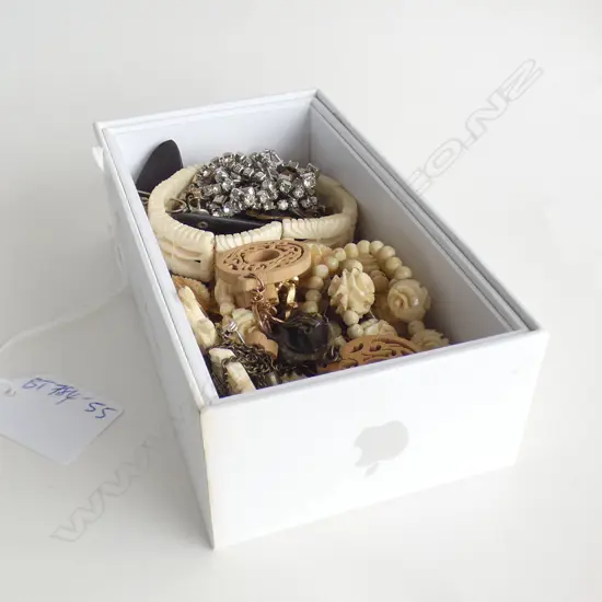 BOX COSTUME JEWELLERY BROOCHES AND BONE NECKLACE