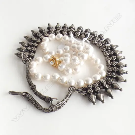 OXIDISED CHOKER NECKLACE & FAUX PEARL NECKLACE