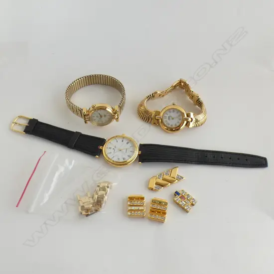 BAG OF ASST JEWELLERY; 3 LADIES WATCHES + ASST SPARE WATCH LINKS