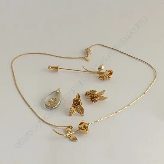 MONET GOLD STICK PIN, EARRINGS; + 2 PENDANTS, ONE WITH CHAIN