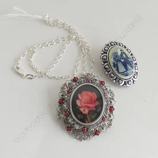 800 SILVER ITALIAN BROOCH/PENDANT - ROSE PRINT + BLUE & WHITE DUTCH CERAMIC BROOCH