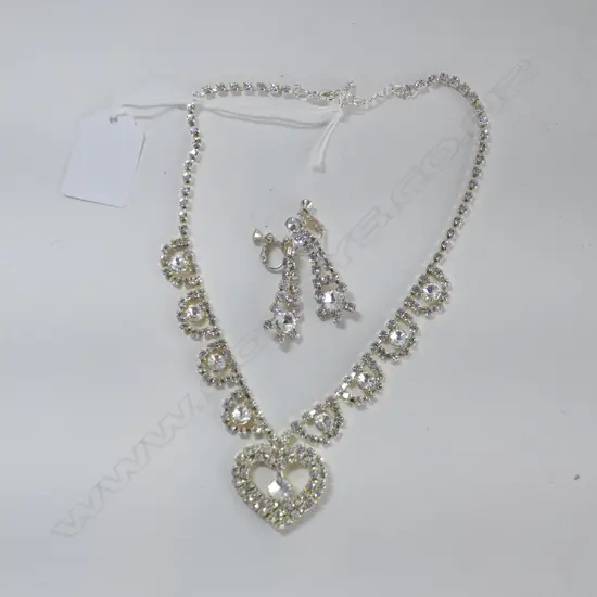 3 PC SET; DIAMANTE NECKLACE WITH HEART PENDANT & EARRINGS 