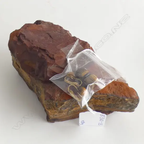 LG PC UNCUT TIGERS EYE GEM STONE (L170MM) + 2 POLISHED STONES & PR CLIP EARRINGS 