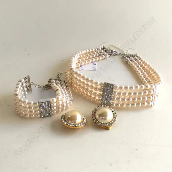 FAUX PEARL & DIAMANTE 4 STRAND CHOKER NECKLACE & BRACELET  + EARRINGS 