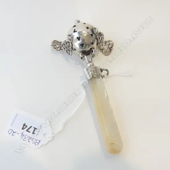 SILVER BABY RATTLE 4 FILIGREE CLOVER LEAF CHARMS  AND M.O.P.