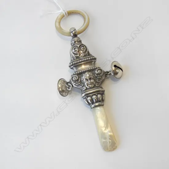 SILVER BABY RATTLE 2 BELLS WITH M.O.P. RING