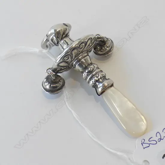 SILVER BABY RATTLE 2 BELLS AND M.O.P
