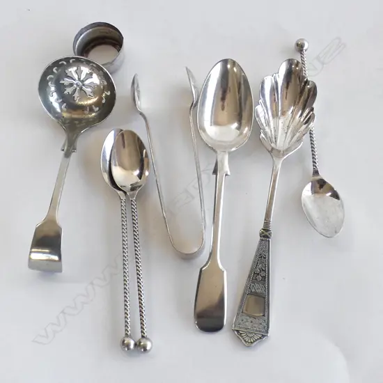 SM BAG ASST SILVER PLATE INCL SUGAR TONGS & SIFTER ETC. + NEVADA SILVER & OLD STG BOTTLE RIMS ETC..