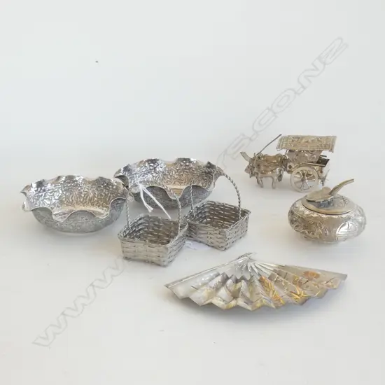 7 SMALL SILVER METAL ITEMS; PR BASKETS, FAN, PR DISHES, LIDDED CONTAINER, CART