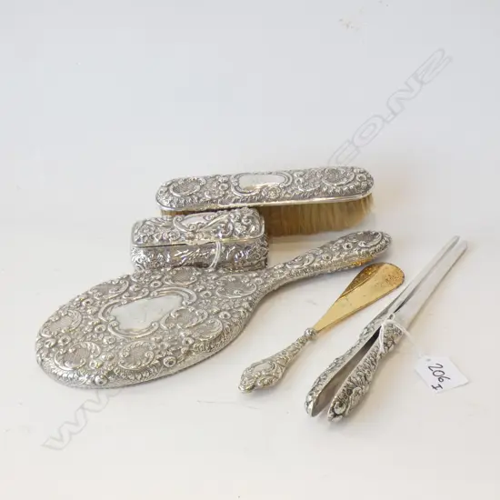 5 PC STG SILVER DRESSING TABLE SET; BRUSH, SHOE HORN, HAND MIRROR, CORSET STRETCHER, LIDDED CONTAINER