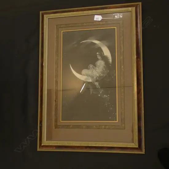 PRERAPHAELITE STYLE PRINT WOMAN ASTRIDE A CRESENT MOON 430 x 250mm