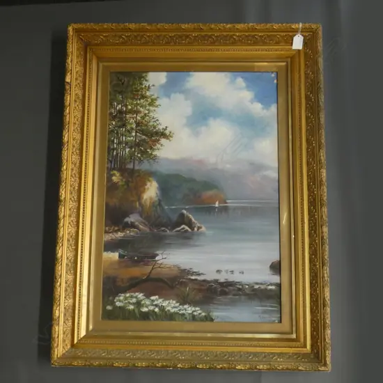 GILT FRAMED COLONIAL OIL; COASTAL LANDSCAPE SIGNED M. DOWN 650x445mm AF