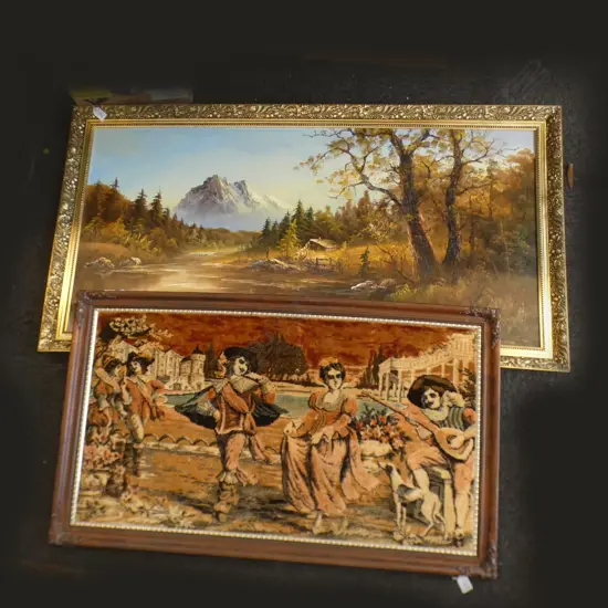 2 LARGE ARTWORKS; OIL LANDSCAPE SIGNED MITCHELL 590x1195mm + VELVET 17thC STYLE DANCING SCENE