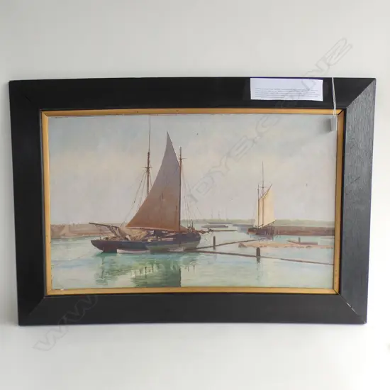 OIL ON CANVAS 'SCENE WITH GAFF RIGGERS AND FLOATING KAURI LOGS' - IRENE STITCHBURY  660 X 400mm