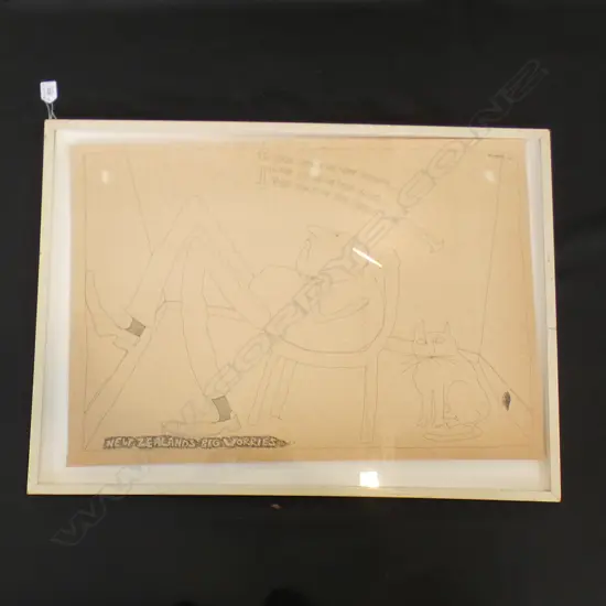 PETER BROMHEAD 'NEW ZEALANDS BIG WORRIES' INK DRAWING, SIGNED & DATED 90 505x725mm 