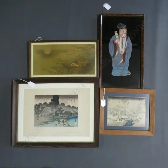 4 ORIENTAL ARTWORKS; WISEMAN, FISHERMAN, VILLAGE & HIROSHIGE ANDO WOODBLOCK PRINT 'EVENING RAIN AT TADUSUGAWARA' 160x225