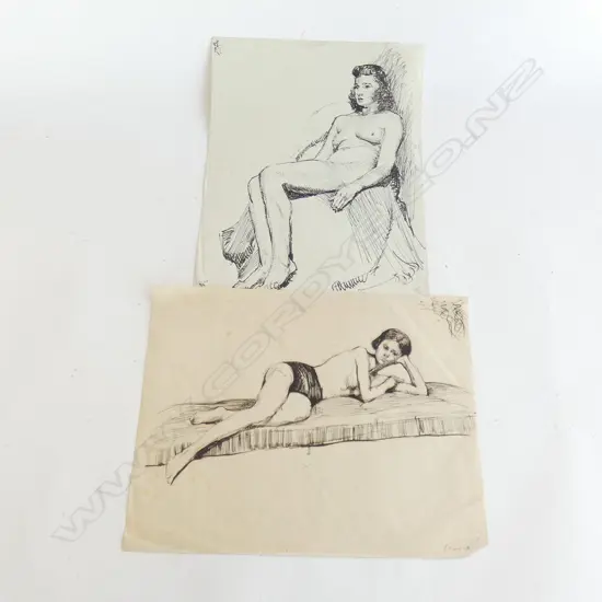 H. L. RICHARDSON 2 INK SKETCHES RECLINING WOMEN
