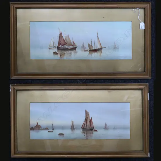 2 COLOUR PRINTS BY GARMAN MORRIS OF FISHING BOATS (IMAGES 190 x 515mm) IN GILT FRAMES
