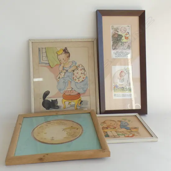 VINTAGE FRAMED MABEL LUCIE ATTWELL PRINTS + FRAMED  PLATE (DIA 150MM)