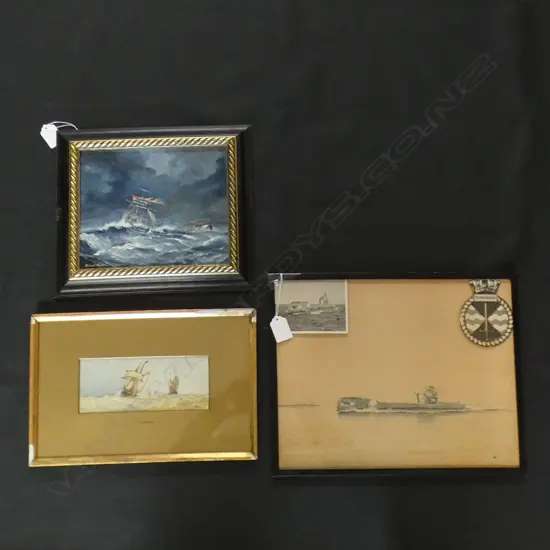 3 NAVAL ARTWORKS; SAIL BOAT W/C, SUBMARINE 'TRENCHANT' W/C, STORM OIL180x210mm