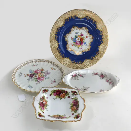 2 CROWN STAFFORDSHIRE PLATES (LARGEST DIA 265MM) & 2 ROYAL ALBERT DISHES; LAVENDER ROSE & OCR