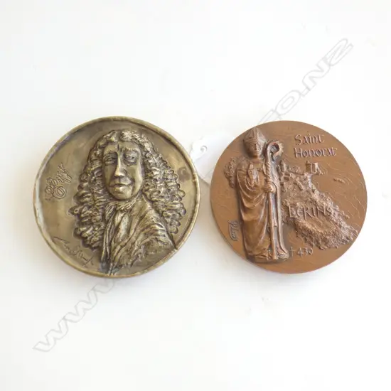 2 BRONZE / BRASS COIN TOKENS; SAINT HONORAT, SAMUEL PEPYS