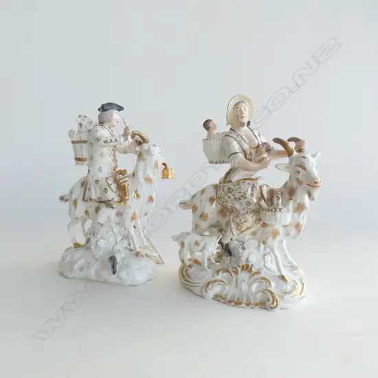 PR ANTIQUE BLOOR DERBY FIGURINES; MAN & LADY BOTH ON GOATS H.140mm AF