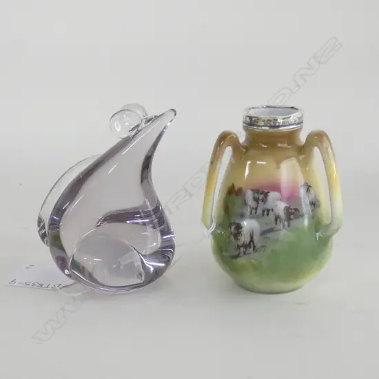 ROYAL BAYREUTH 3-HANDLED VASE W STG SILVER COLLAR (H85MM) + PURPLE GLASS MOUSE (H 85MM)