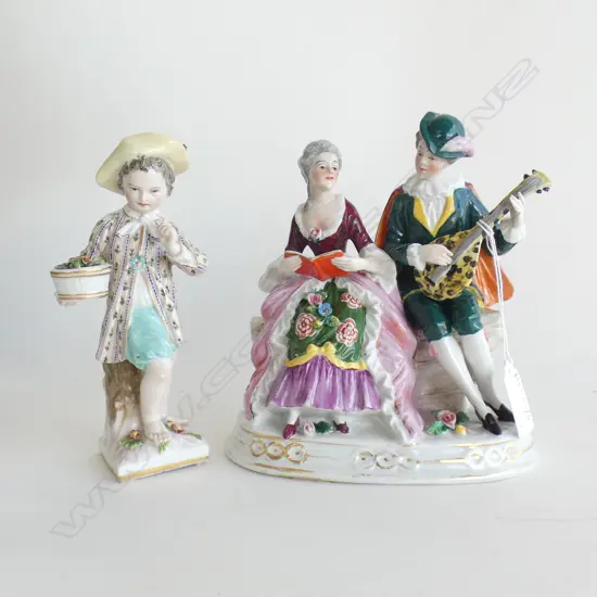 2 PORCELAIN FIGURINES; MUSICAL COUPLE & BOY w. FLOWER POT H.160mm