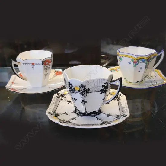 3 SHELLEY QUEEN ANNE DEMITASSE CUPS & SAUCERS; #11624, 11447 & 11479
