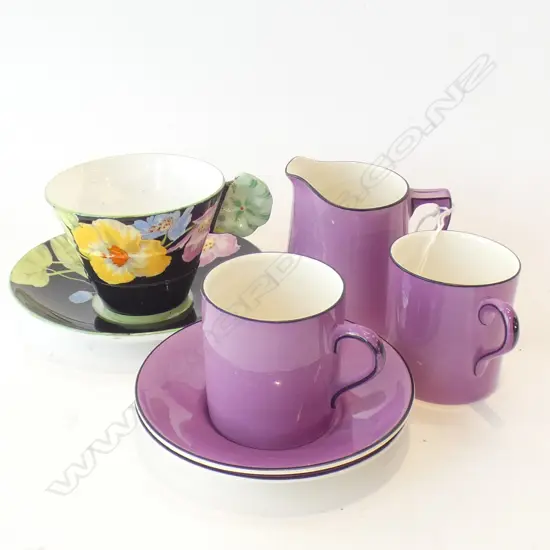 PARAGON BLACK & FLORAL DEMI C&S - SOLID FLOWER HANDLE + 2 PURPLE CROWN DUCAL DEMI C&S'S + JUG