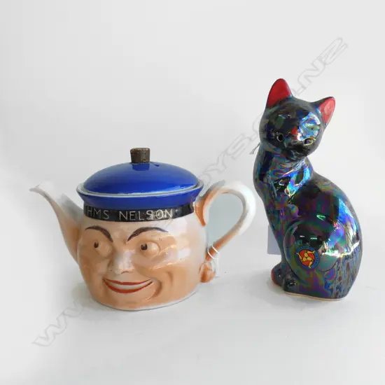 VINTAGE HMS NELSON SAILOR FACE TEAPOT + JECERIS POTTERY PAINTED CAT H 190MM