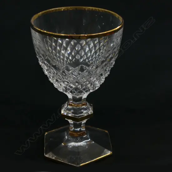 12 CORRE CRISTAL WINE GLASSES, GOLD RIMMED, ON HEXAGONAL KNOPPED STEMS & FOOT H134MM Ex Sultan of Brunei