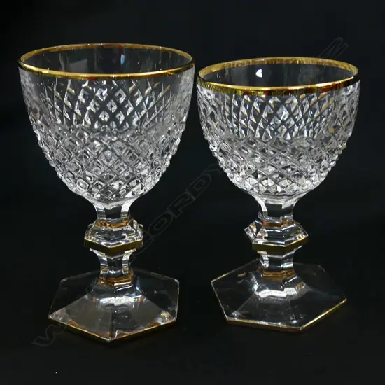 5 + 3 CORRE CRISTAL LARGE WINE GLASSES, GOLD RIMMED, ON HEXAGONAL KNOPPED STEMS & FOOT H134 & 124mm. Ex Sultan of Brunei