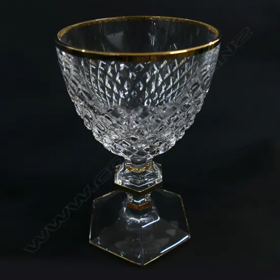 12 CORRE CRISTAL LARGE WINE GLASSES, GOLD RIMMED, ON HEXAGONAL KNOPPED STEMS & FOOT H134MM Ex Sultan of Brunei