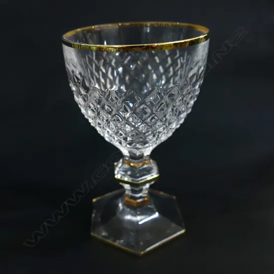12 CORRE CRISTAL LARGE WINE GLASSES, GOLD RIMMED, ON HEXAGONAL KNOPPED STEMS & FOOT H143MM Ex Sultan of Brunei