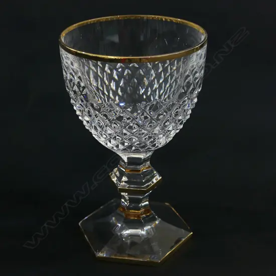 12 CORRE CRISTAL LARGE WINE GLASSES, GOLD RIMMED, ON HEXAGONAL KNOPPED STEMS & FOOT H143MM Ex Sultan of Brunei