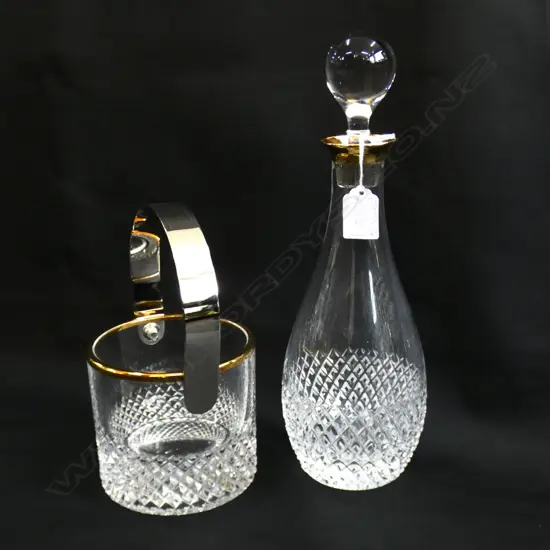 CORRE CRISTAL ICE BUCKET W SWING HANDLE) (H 110MM) & DECANTER (335MM) GOLD RIMMED, Ex Sultan of Brunei