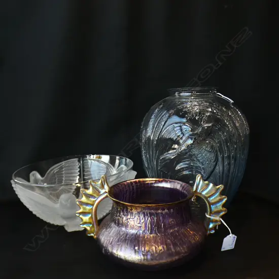 3 GLASS VASES; LALIQUE STYLE BOWL  255mm dia, PURPLE BOWL, LARGE VASE H.270mm All with minor faults