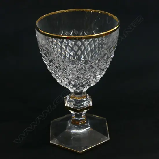 12 CORRE CRISTAL LARGE WINE GLASSES, GOLD RIMMED, ON HEXAGONAL KNOPPED STEMS & FOOT H134MM Ex Sultan of Brunei