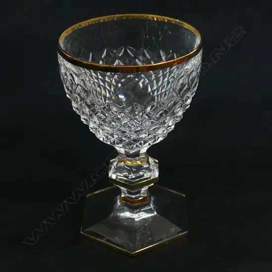 12 CORRE CRISTAL SM WINE GLASSES, GOLD RIMMED, ON HEXAGONAL KNOPPED STEMS AND FOOT H 124MM Ex Sultan of Brunei