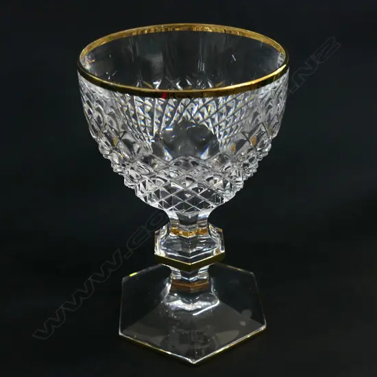 12 CORRE CRISTAL LARGE WINE GLASSES, GOLD RIMMED, ON HEXAGONAL KNOPPED STEMS & FOOT H.124mm Ex Sultan of Brunei