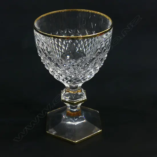 12 CORRE CRISTAL LARGE WINE GLASSES, GOLD RIMMED, ON HEXAGONAL KNOPPED STEMS & FOOT H143MM Ex Sultan of Brunei