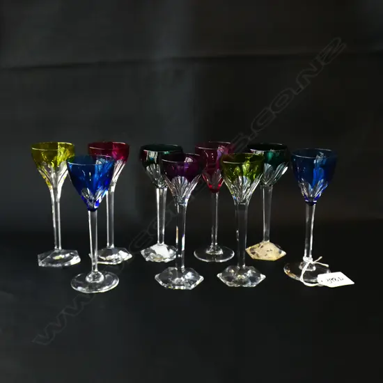 9 VAL SAINT LAMBERT 'SIEBEL' COLOURED LIQUER GLASSES H.130mm 