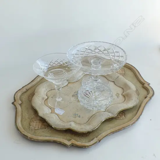 2 HAND PAINTED FLORAL TRAYS 470x610mm + 3 PCES CRYSTAL
